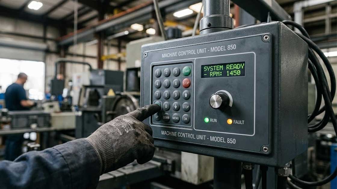 An operator gloved hand presses a tactile silicone keypad on a rugged industrial machine control panel in a factory environment