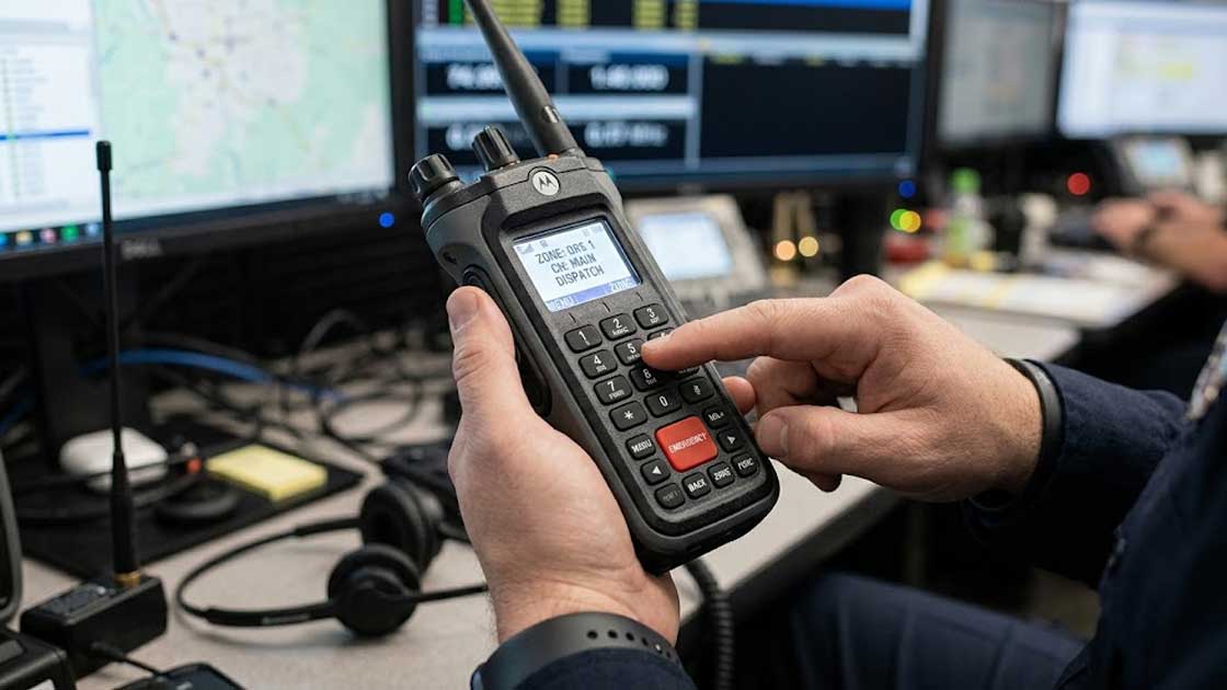 An operator holds a portable radio using its tactile silicone keypad inside a dispatch control center