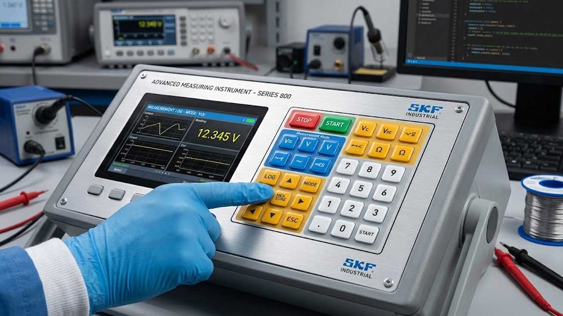 An operator uses a measuring instrument featuring epoxy coated silicone keypads on an industrial workbench