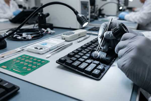 An operator uses tweezers and a magnifying lens to inspect conductive carbon pills under a tactile silicone keypad on a workbench