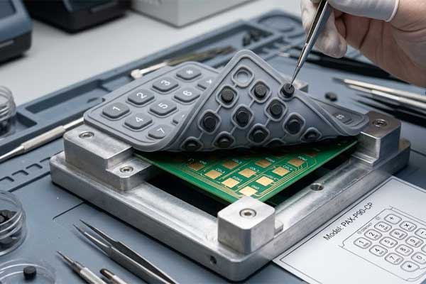 An operator uses tweezers to place black conductive carbon pills onto the underside of a silicone keypad over a PCB
