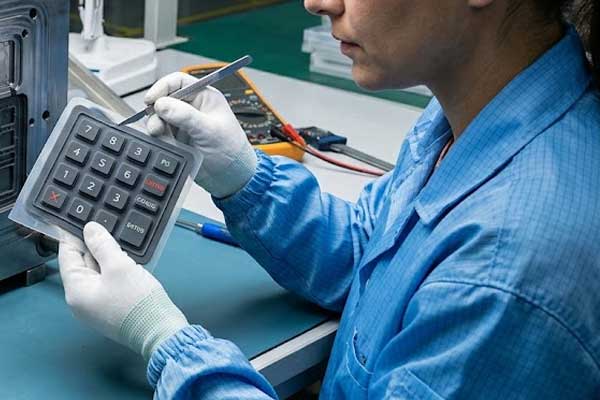 An operator wearing white gloves uses a precise knife to trim flash from a molded silicone keypad near its metal tool