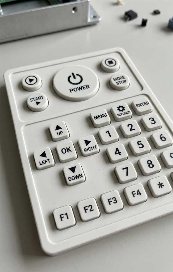 An overhead view of a functional white screen printed silicone keypad featuring clear operational legends and numeric buttons