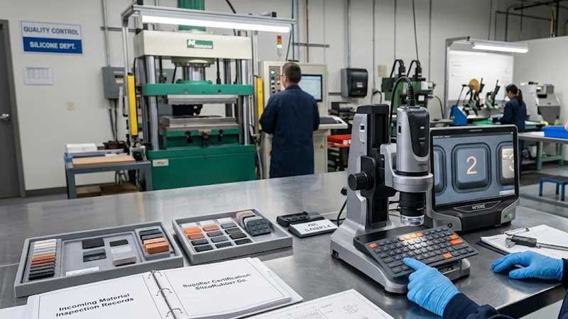 An quality control engineer inspects a silicone keypad using a digital microscope in a factory laboratory setting