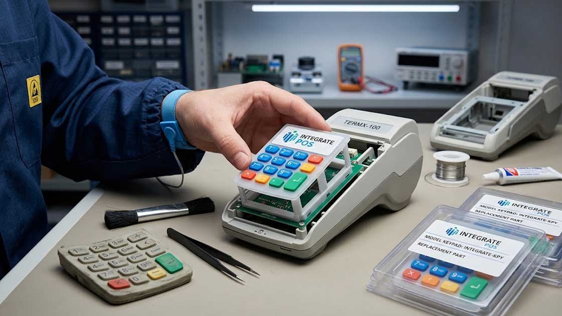 An technician installs a custom replacement silicone keypad into an opened POS terminal housing on a workbench