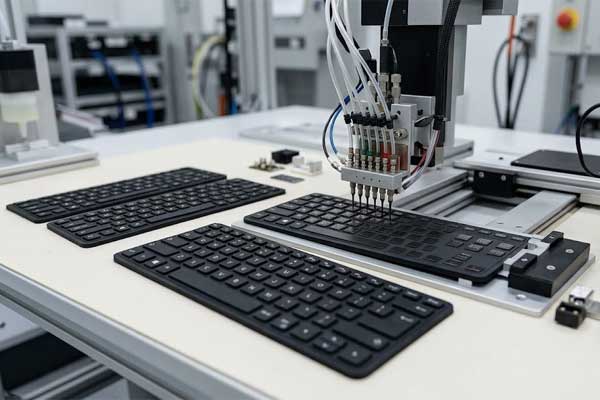 Automated dispensing equipment applying carbon contacts to a conductive silicone keypad on a clean factory assembly table
