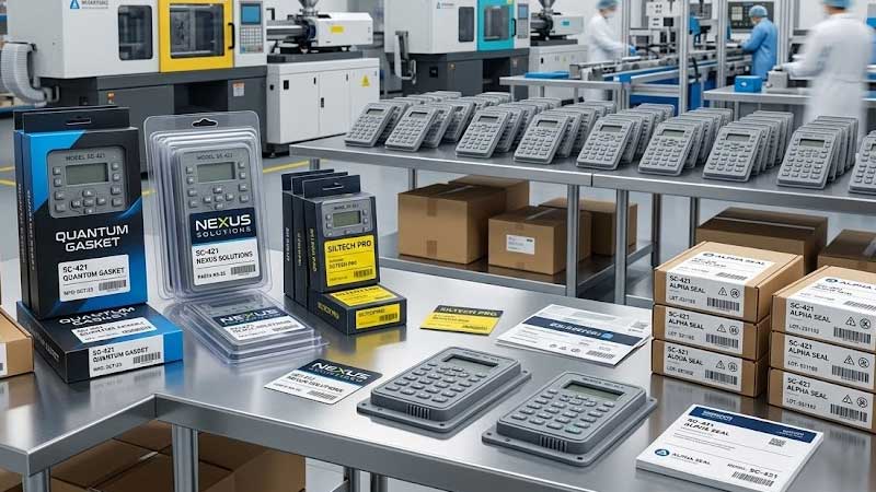 Branded industrial silicone control panels and custom packaging are displayed on a workstation in a modern manufacturing facility