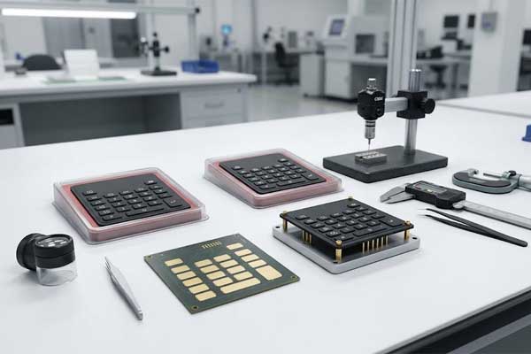 Conductive silicone keypad being inspected with calipers magnifying tools and a matching PCB in a quality control lab