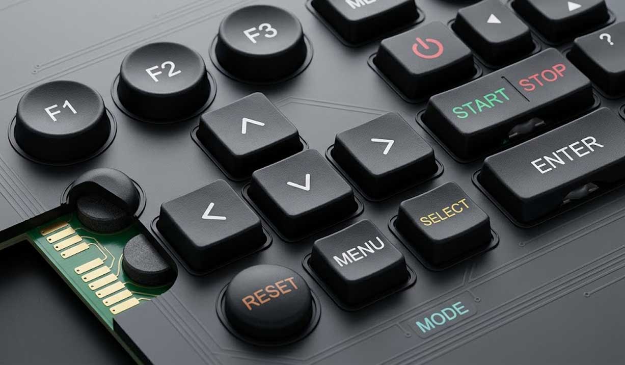 Custom screen printed silicone keypad displaying various key shapes layouts and exposed tactile contact structures on a circuit board