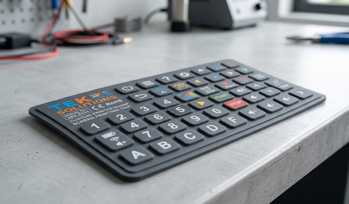 Custom screen printed silicone keypad with multi color legends and icons lying flat on an industrial workbench