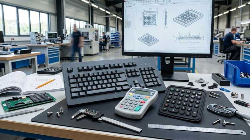 Custom silicone keypads and measuring tools rest on a workstation in front of a monitor showing CAD technical drawings