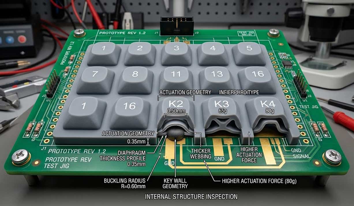 Detailed structural inspection of a tactile silicone keypad prototype on a PCB with cutaway views showing internal diaphragm geometry
