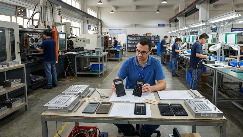 Engineer compares silicone keypad prototype and mass production samples on a table surrounded by molds in a manufacturing factory