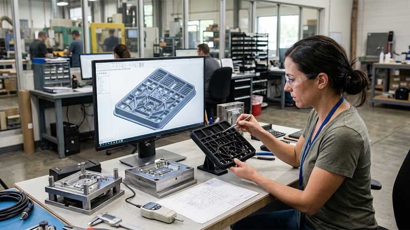 Engineer examines a silicone keypad prototype while reviewing its CAD model on a monitor beside mold components