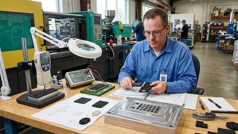 Engineer inspects a custom silicone keypad with calipers beside force testers and mold tools in a factory testing lab