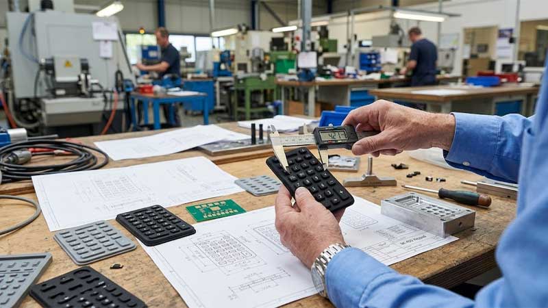 Engineer measures a custom silicone keypad with digital calipers over engineering blueprints on a factory workbench