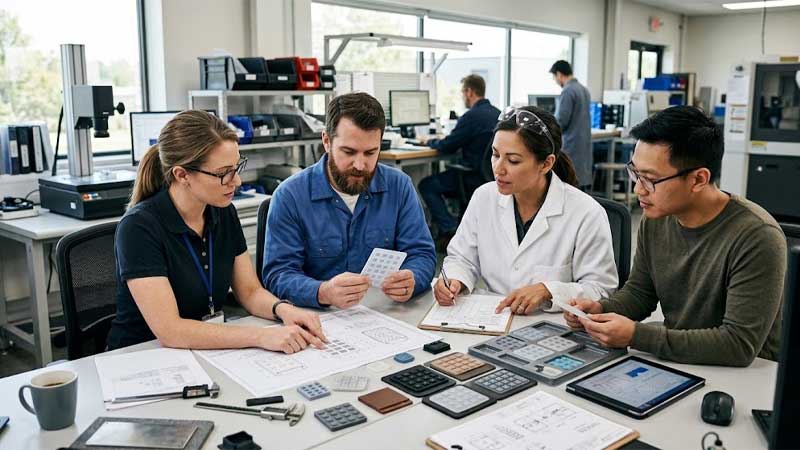 Engineers collaborate around a table to review silicone keypad samples and engineering drawings