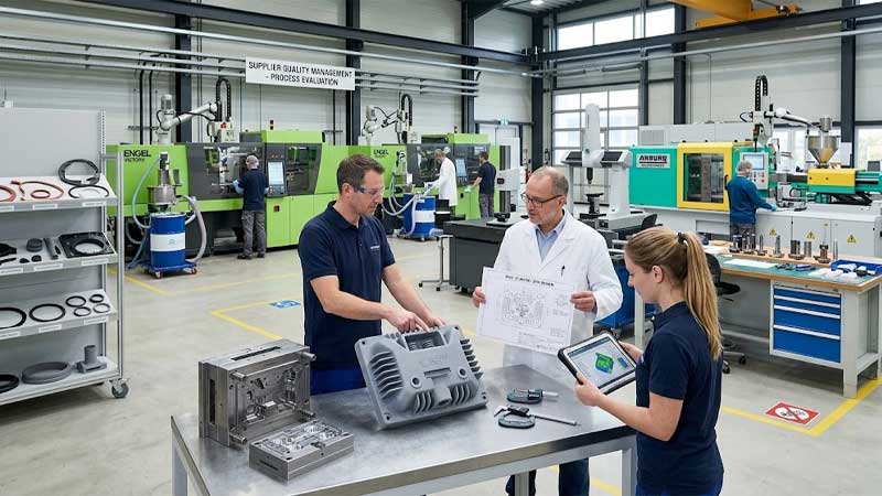 Engineers evaluate a custom silicone component and technical drawings alongside precision molding equipment in a manufacturing facility