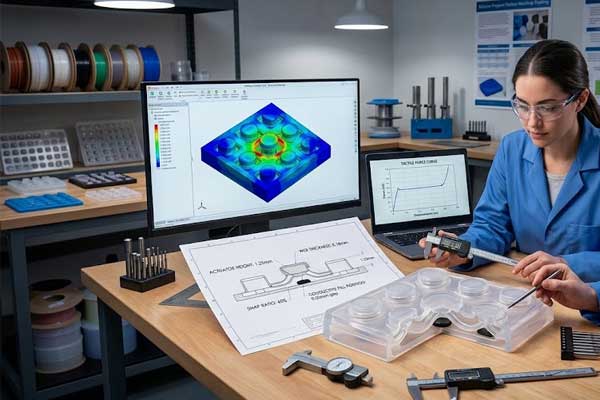 Engineers evaluate a transparent screen printed silicone keypad structure and CAD drawings on a lab workstation
