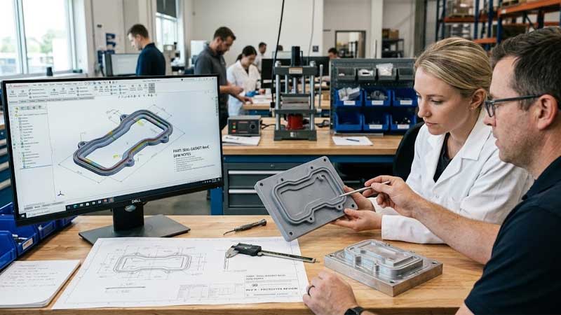 Engineers inspect a custom silicone gasket prototype alongside CAD models and blueprints at a modern manufacturing workstation