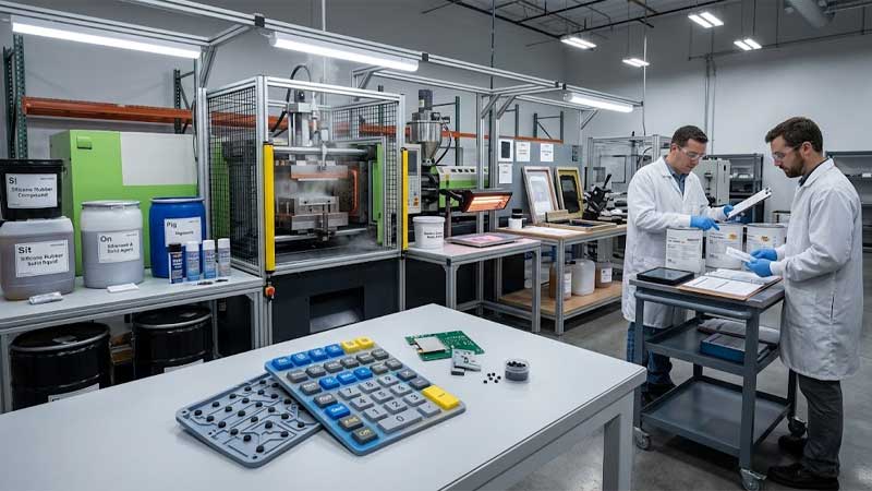 Engineers inspect compliance labels beside molding equipment in a modern silicone keypad manufacturing facility with finished keypads in front