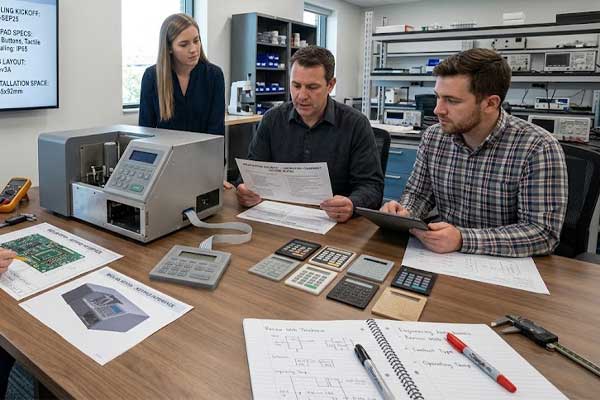 Engineers review CAD designs and prototypes for a laboratory equipment silicone keypad during a technical project evaluation meeting