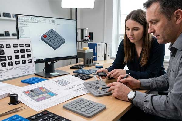 Engineers review screen printed silicone keypad prototypes and artwork prints on an engineering workstation
