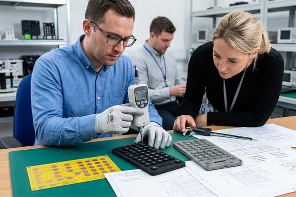 Engineers review tactile silicone keypad samples using a force gauge and calipers on a workbench with technical blueprints and PCB layouts