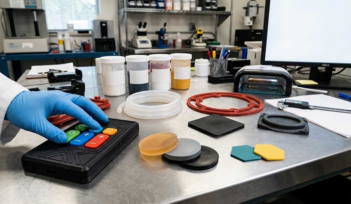 Hands in blue gloves test a screen printed silicone keypad on a lab workbench surrounded by various silicone compound samples