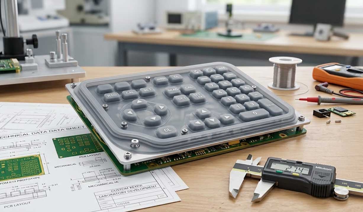 Laboratory Equipment Silicone Keypad prototype displayed on an engineering workbench alongside CAD drawings and a digital caliper