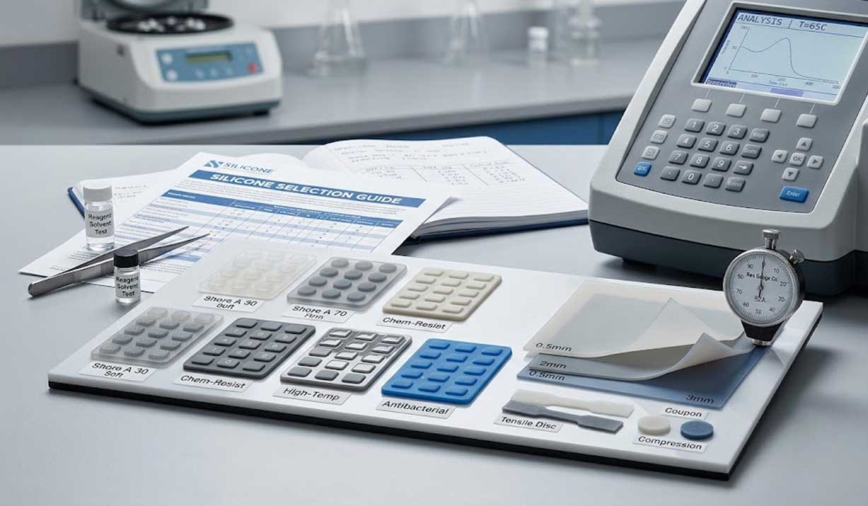Laboratory Equipment Silicone Keypad samples displayed with material testing tools beside a scientific instrument control panel