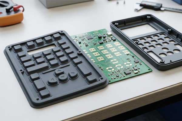 Molded conductive silicone keypad arranged beside a matching PCB and equipment housing on an engineering workstation