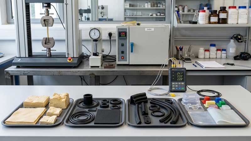 Natural NBR EPDM and silicone rubber samples are displayed on trays in a laboratory with material testing instruments