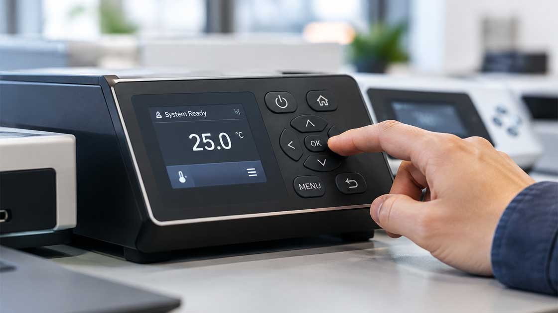 PU coated silicone keypad used on an electronic equipment control panel with buttons and display interface in an office environment