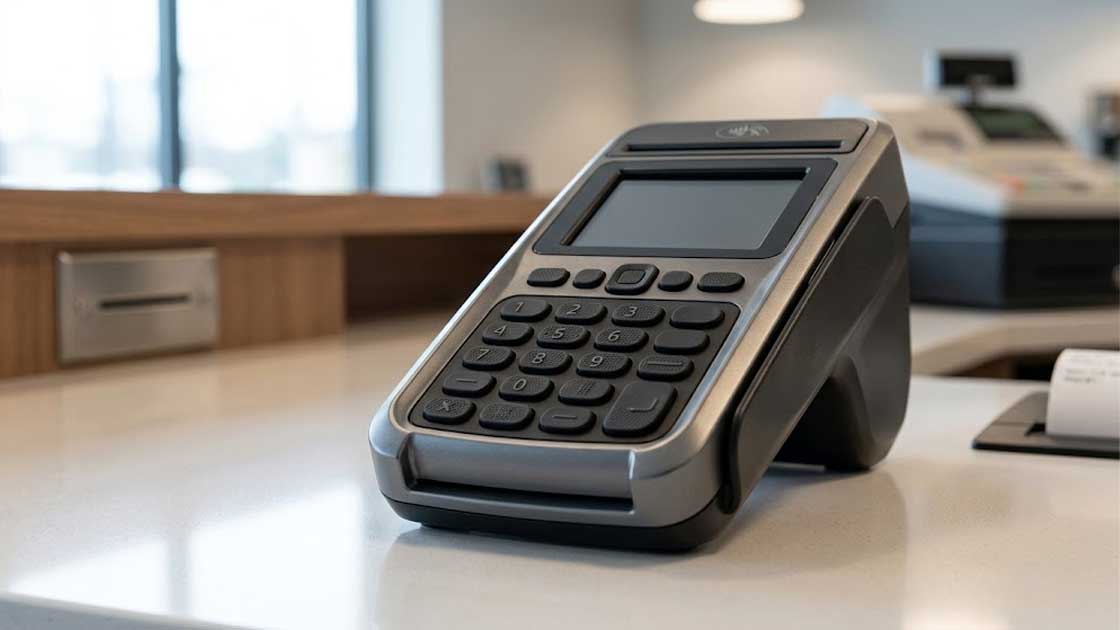 Payment terminal with a conductive silicone keypad sitting on a clean commercial countertop