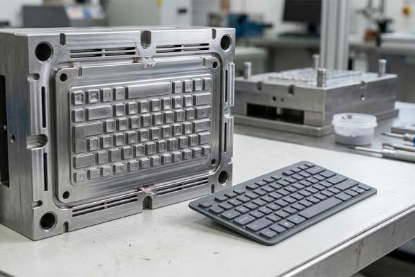 Precision metal mold cavity resting next to a finished conductive silicone keypad on a clean factory workbench