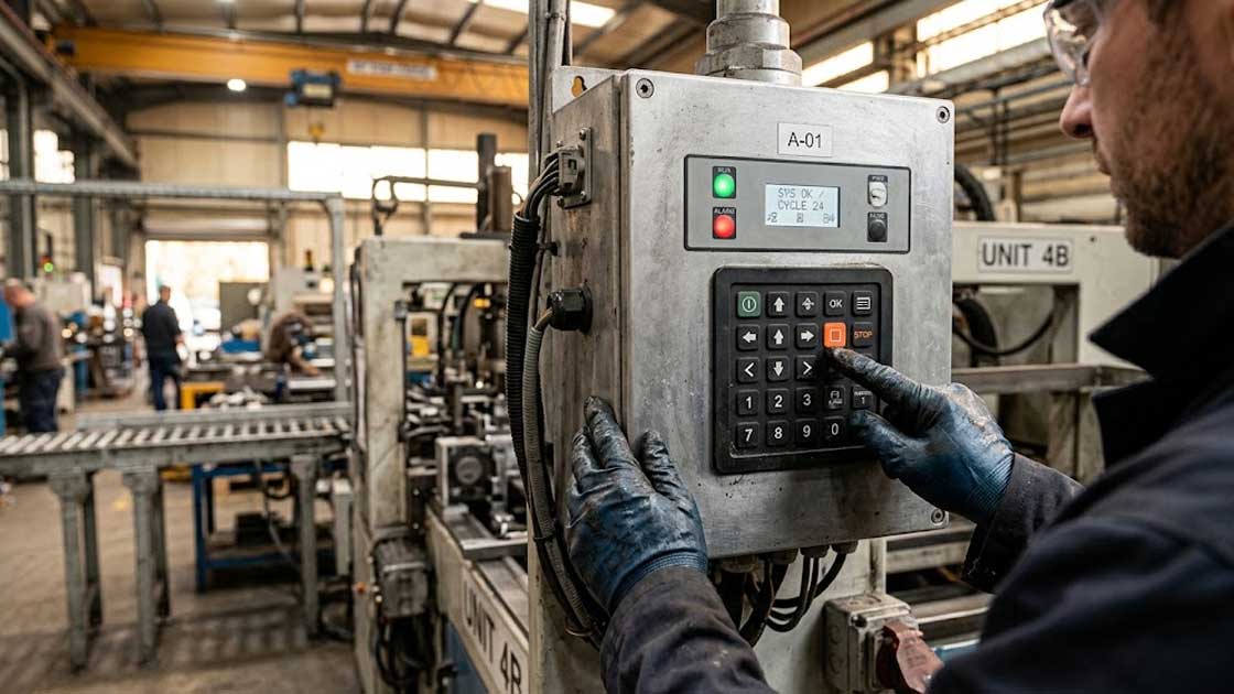 Protective coated silicone keypad installed on an industrial control panel for automation equipment operation