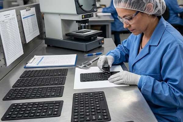 Quality control inspectors inspect and package tactile silicone keypad sheets into trays at a cleanroom manufacturing facility