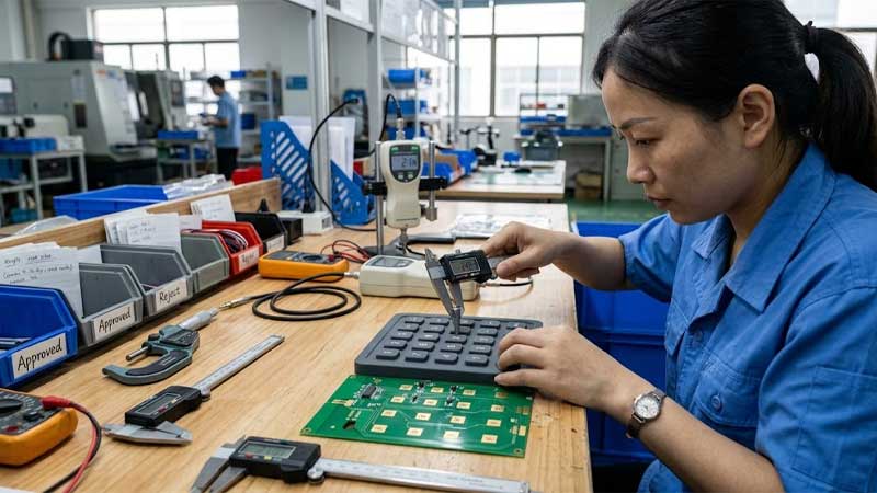 Quality inspector measures a silicone keypad with digital calipers next to a PCB sample on a factory workbench