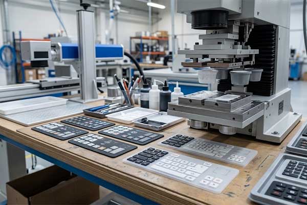 Screen printing machine finishing conductive silicone keypads with printed symbols on an industrial production table
