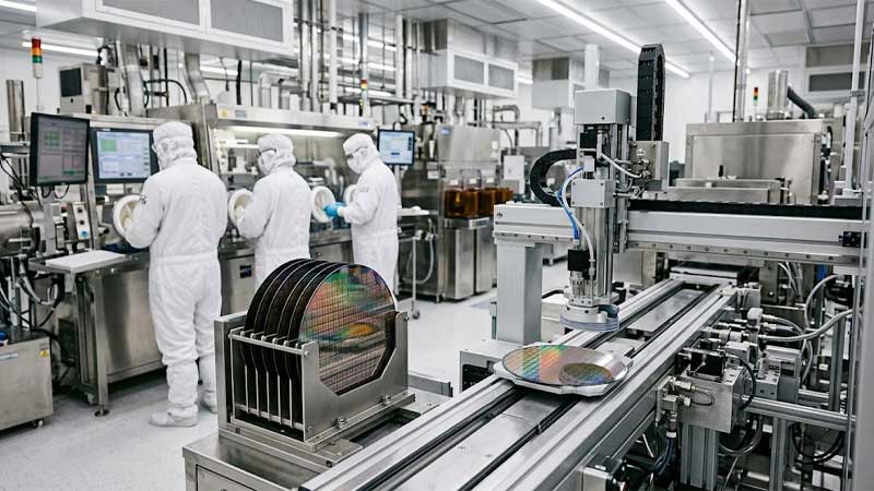 Silicon semiconductor wafers on an automated conveyor with engineers in cleanroom suits working in the background