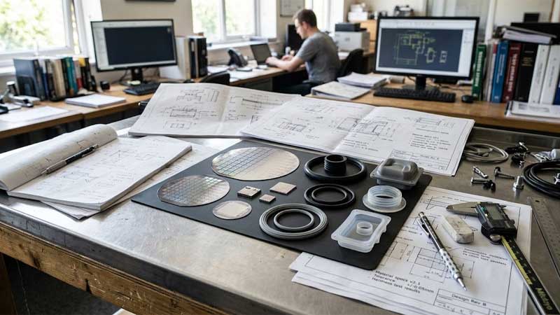 Silicon wafers molded silicone parts and engineering blueprints organized on an industrial design workstation
