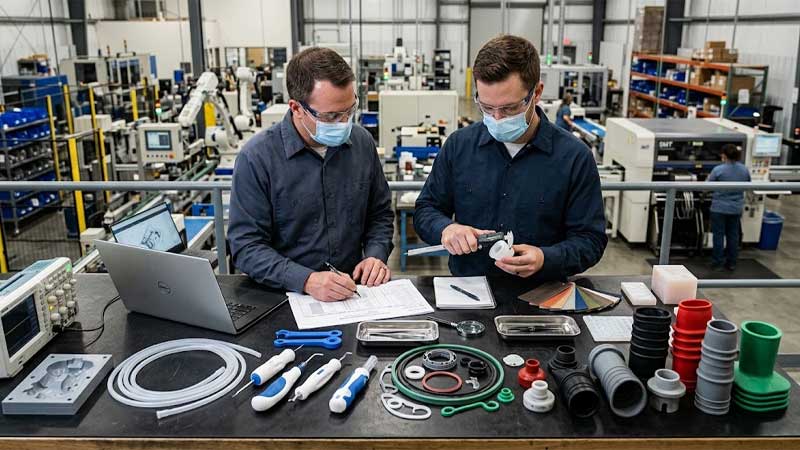 Two engineers inspect silicone parts and compliance documents at a workstation in a modern manufacturing facility