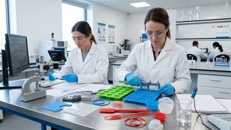 Two female scientists in a clean laboratory inspect silicone food molds with scientific tools