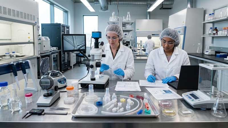 Two laboratory technicians inspect medical silicone tubing and components on a stainless steel workstation