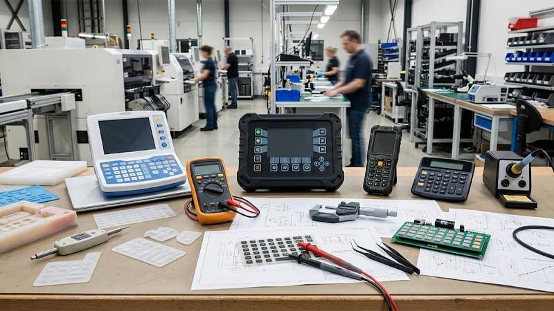 Various electronic devices with silicone keypads sit alongside testing tools and circuit boards on an engineering workbench