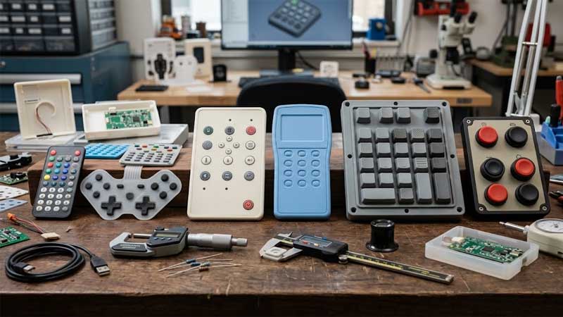 Various silicone keypads for consumer medical and industrial devices arranged on an engineering workbench with measuring tools
