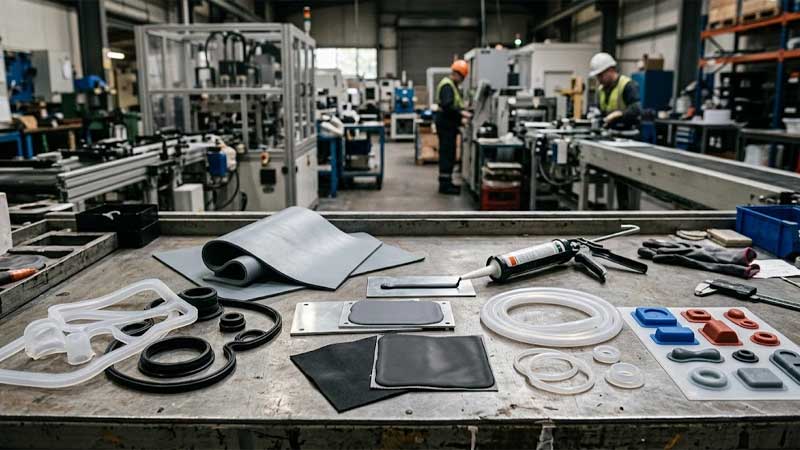 Various silicone rubber seals sheets and sealant applicators displayed on a factory workbench