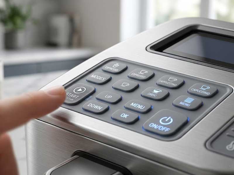 coffee machine with backlit PU coated silicone keypads showing beverage selection and control buttons as a finger presses the START button in a kitchen setting