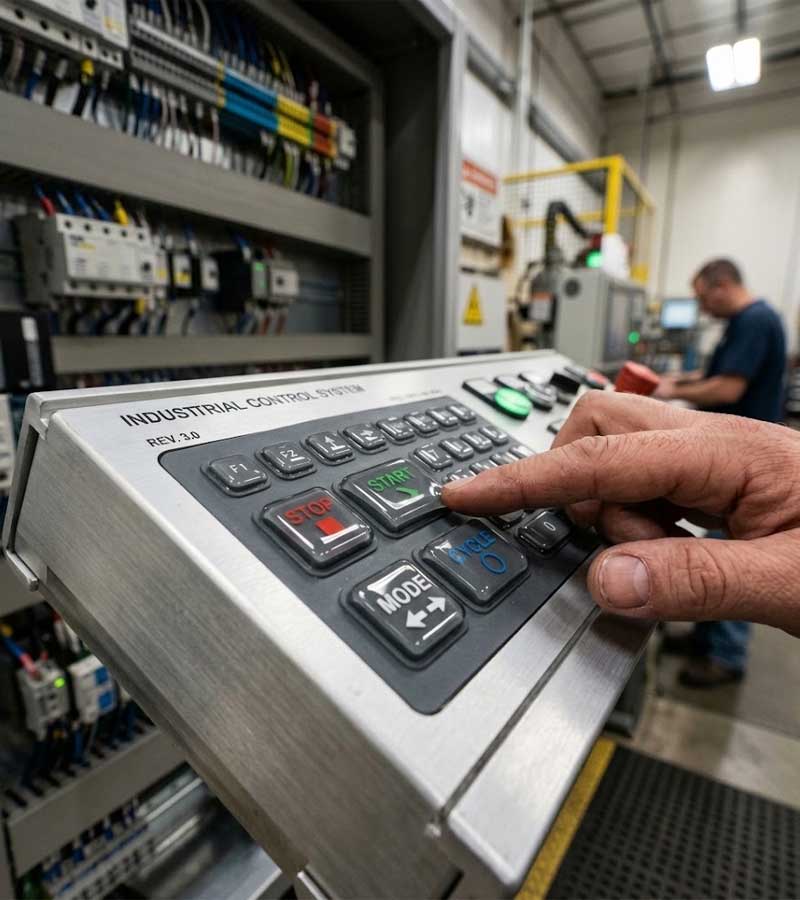 hand operates industrial control panel featuring glossy Epoxy Coated Silicone Keypads